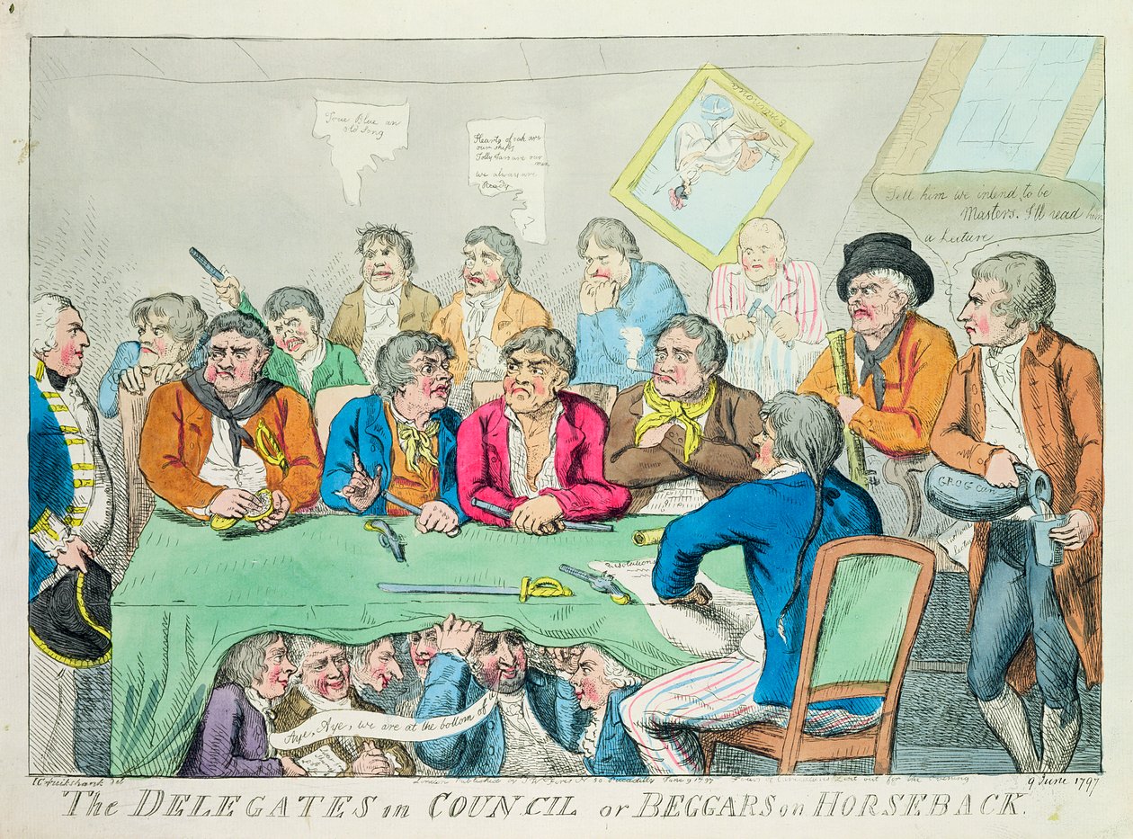 Delegaci w radzie lub żebracy na koniach, 1797 (akwaforta kolorowa) autorstwa Isaac Robert Cruikshank