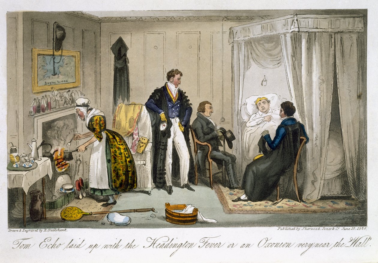 Tom Echo pogodził się z gorączką Headington lub oksonem bardzo blisko muru, z „Angielskiego szpiega” Charlesa Molloya Westmacotta (1788-1868) opublikowanego w Londynie, 1825 autorstwa Isaac Robert Cruikshank