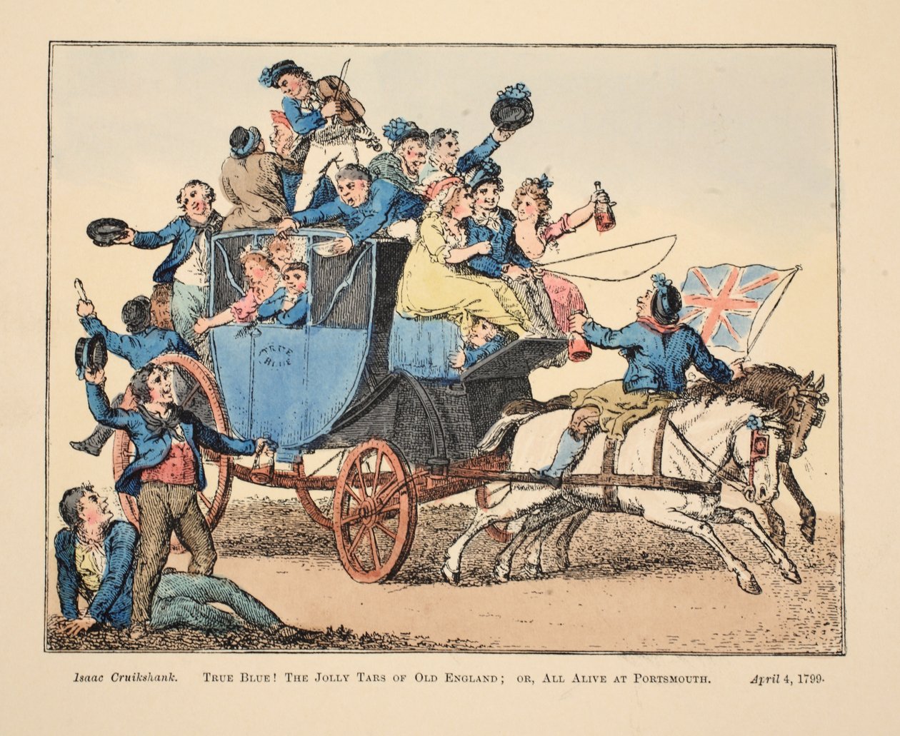 Prawdziwy niebieski! Wesoły Tars Starej Anglii; lub All Alive w Portsmouth, wyd. 1799 (ręcznie kolorowane grawerowanie) autorstwa Isaac Robert Cruikshank