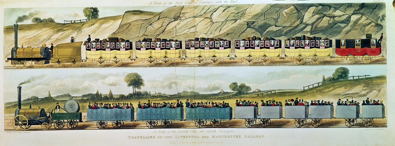 Podróżowanie koleją Liverpool i Manchester: A Train of the First Class of Carriages with the Mail, and A Train of the Second Class for Outside Passengers, engraved by S.G. Hughes, pub. by R. A autorstwa Isaac Shaw