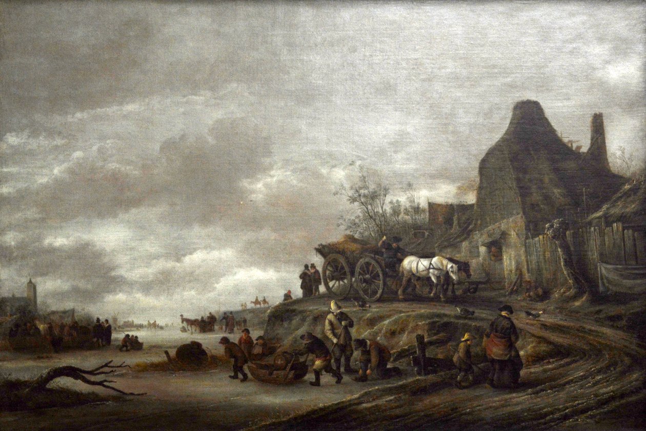 Zamarznięty kanał z wózkiem jadącym ścieżką autorstwa Isaac van Ostade
