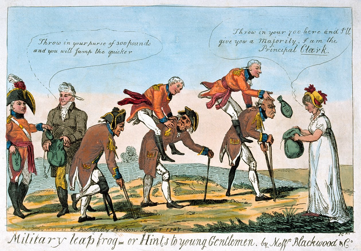 „Żaba wojskowa, czyli wskazówki dla młodych dżentelmenów” autorstwa Isaac (after) Cruikshank