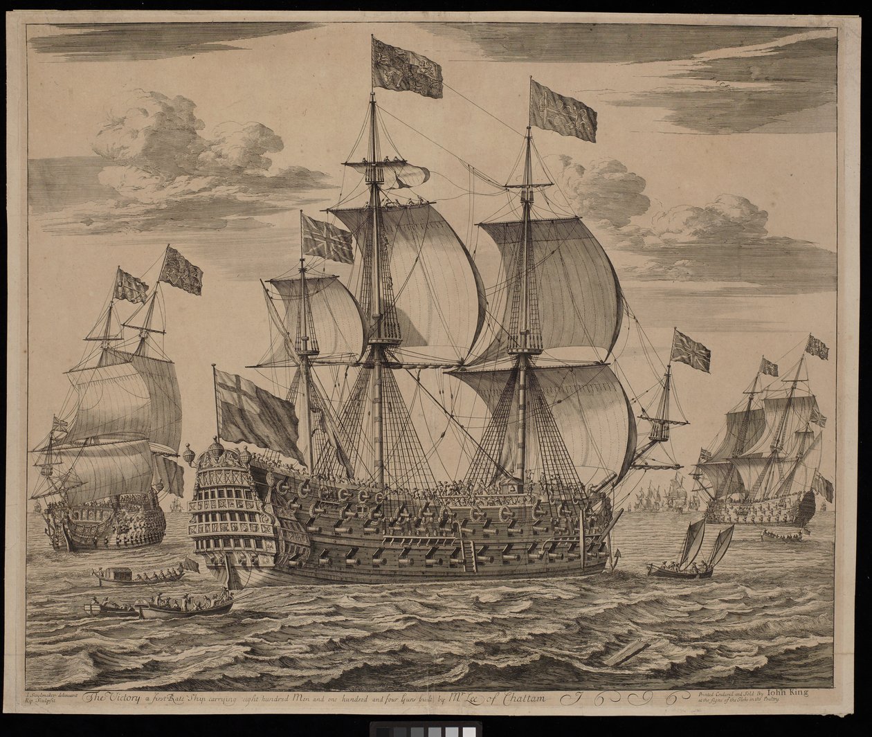Victory - statek pierwszej klasy, przewożący ośmiuset ludzi i posiadający sto cztery działa, zbudowany przez pana Lee z Chatham (grawerunek) autorstwa Isaac (after) Sailmaker