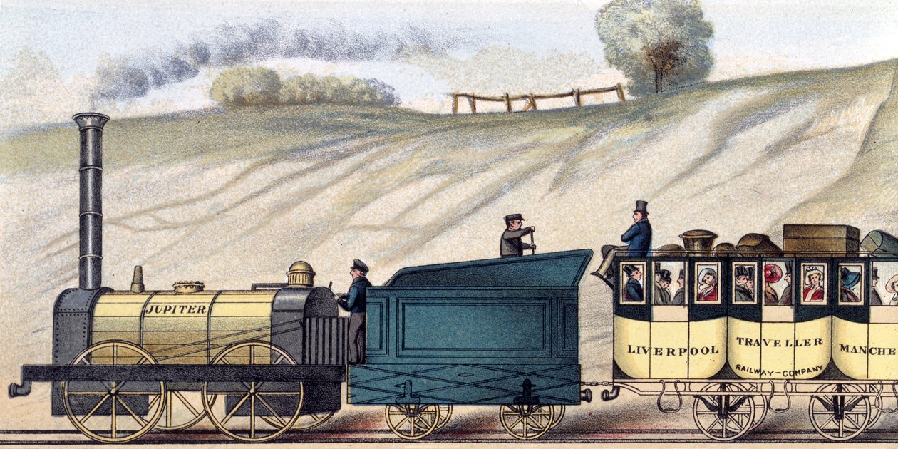 Podróżując koleją Liverpool i Manchester, fragment lokomotywy „Jowisz”, grawerowany przez S.G. Hughesa, ok. 1831 (kolor lito) autorstwa Isaac (after) Shaw