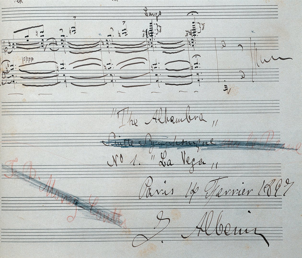 Nuty do suity fortepianowej „La Vega” z autografem Izaaka Albeniza (1860-1909), hiszpańskiego kompozytora i pianisty. Rękopis z dnia 14 lutego 1897. Biblioteka Narodowa Katalonii. autorstwa Isaac Albeniz