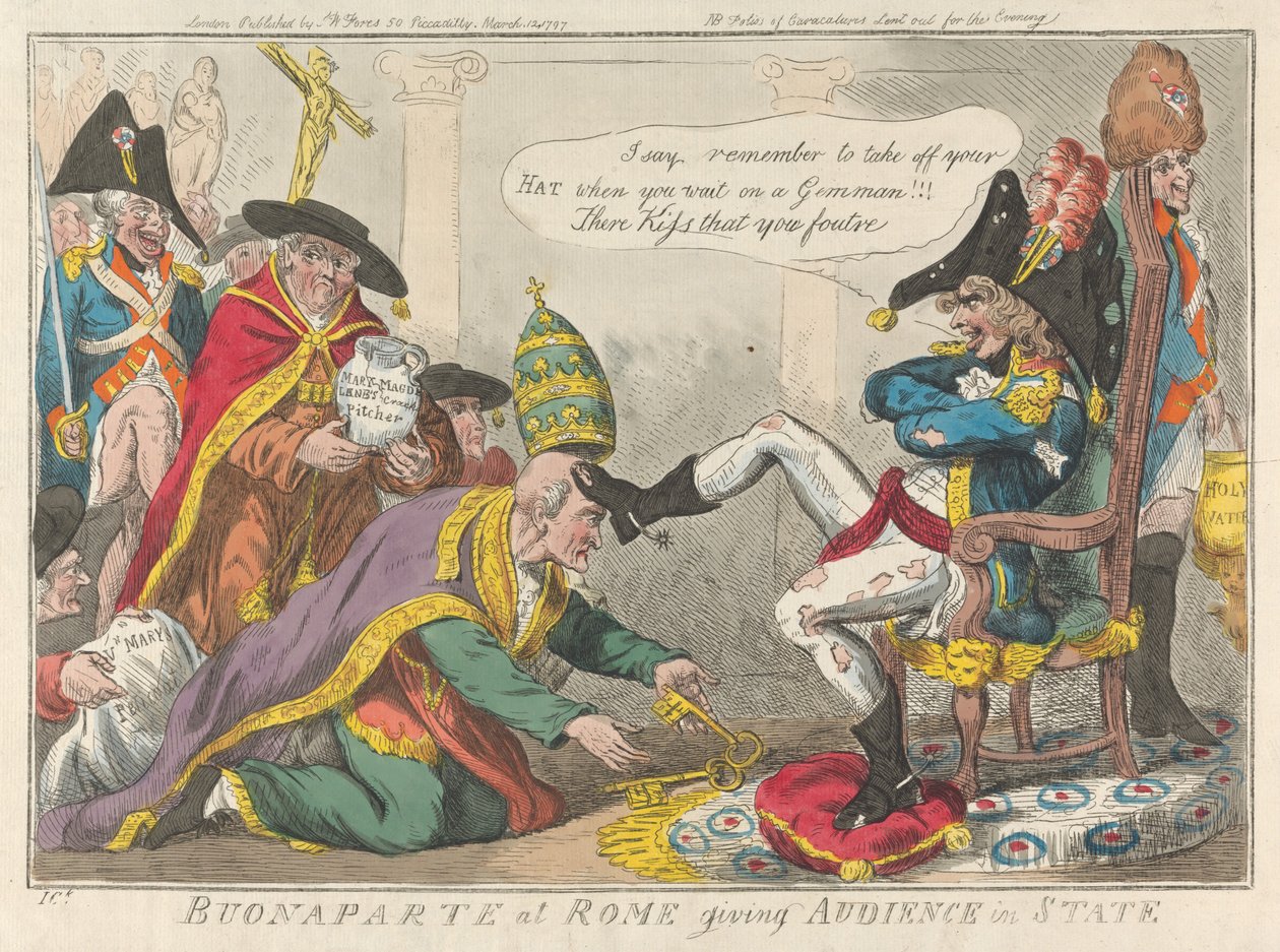 Buonaparte in Rom gibt Audienz im Staatsgewand autorstwa Isaac Cruikshank