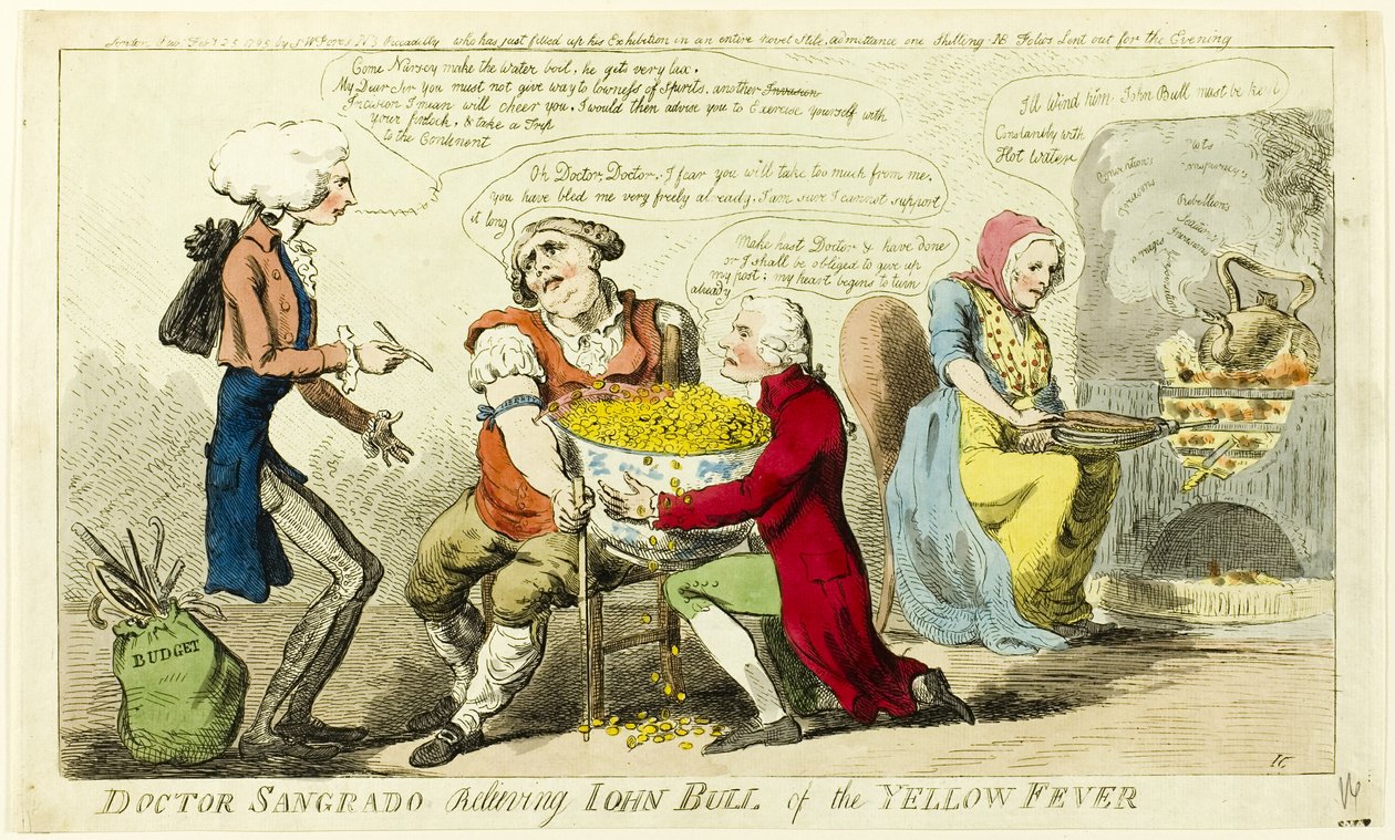 Dr Sangrado uwalnia Johna Bulla od żółtej febry autorstwa Isaac Cruikshank