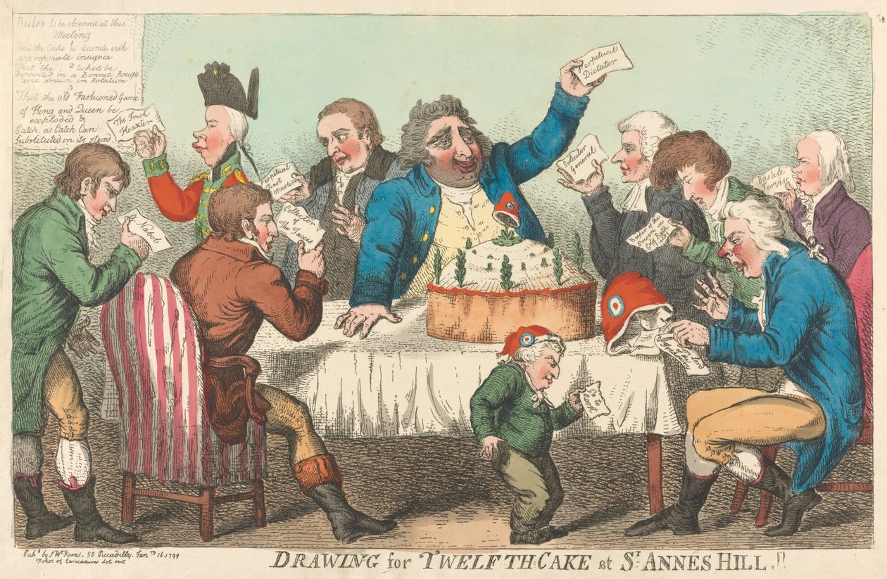 Zeichnung für den Zwölften-Kuchen in St. Annes Hill autorstwa Isaac Cruikshank