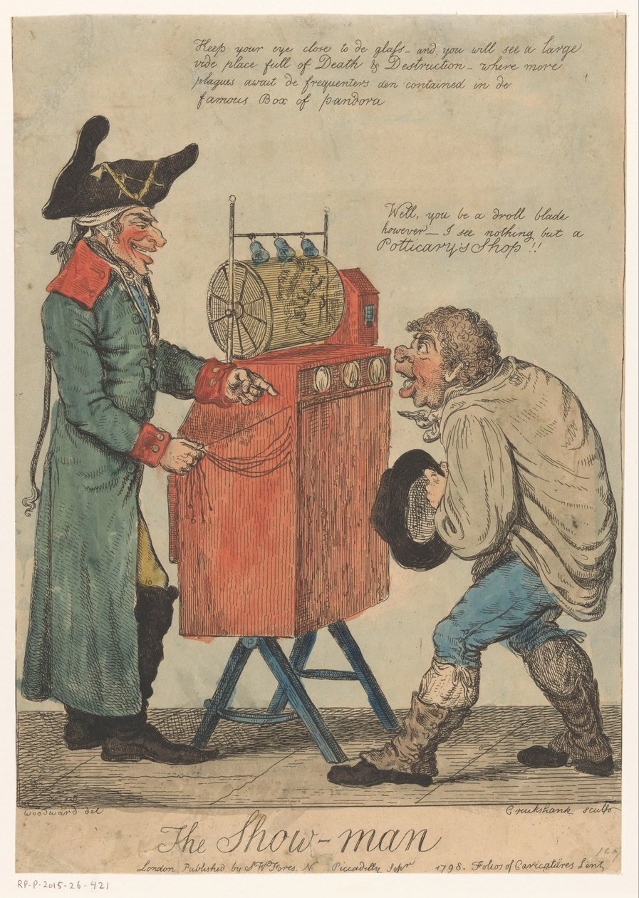 Mężczyzna z szafką widokową The Show Man (tytuł na obiekcie) autorstwa Isaac Cruikshank