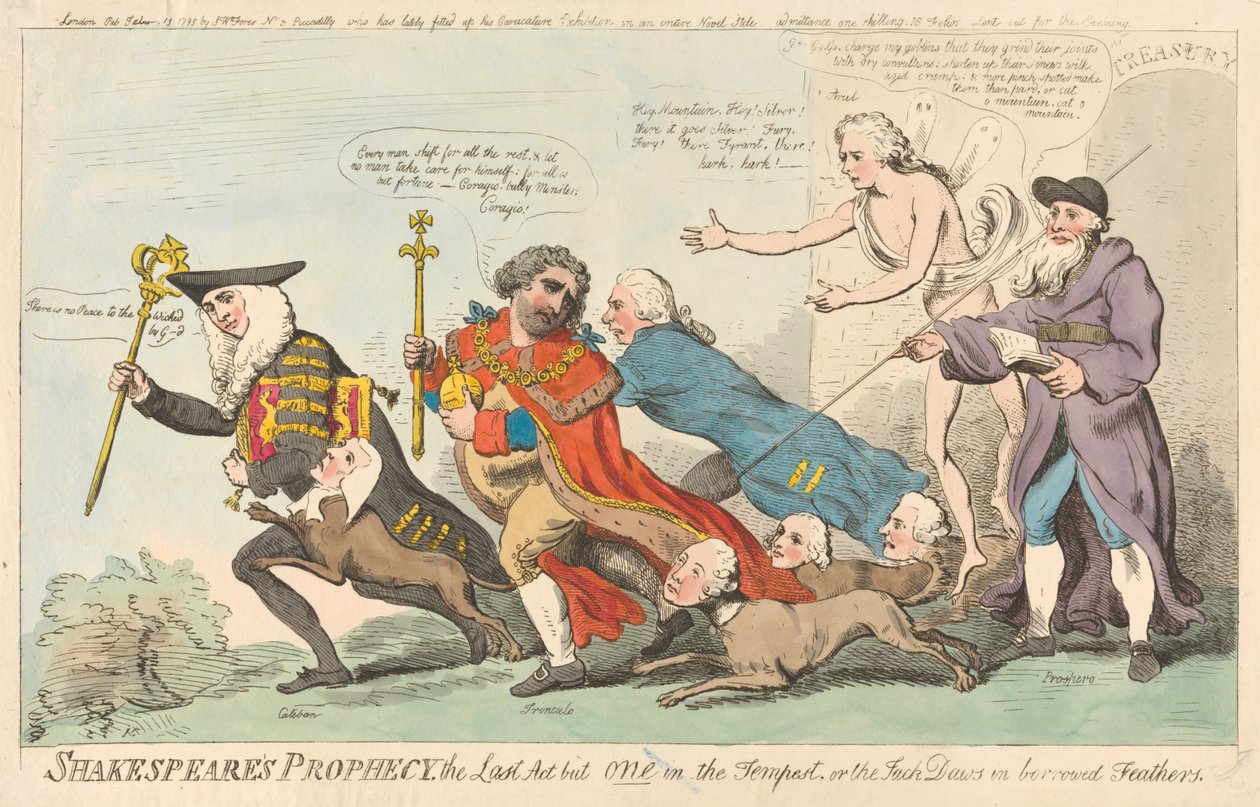 Shakespeares Prophezeiung, der letzte Akt von einem in Der Sturm, oder die Dohle in geliehenen Federn (aus: Karikatur, Bd. 3) autorstwa Isaac Cruikshank