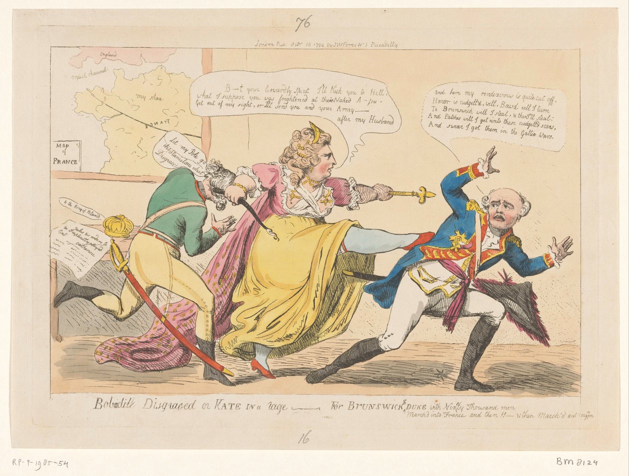 Spotprent op Katarzyny II, 1792 Bobadil zhańbiony lub Kate w wściekłości - Za księcia Brunszwiku (tytuł na obiekcie) autorstwa Isaac Cruikshank