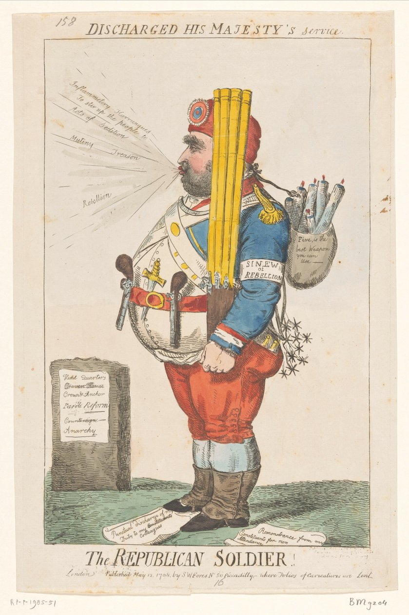Spotprent op Charles James Fox, 1798 Żołnierz republikański! (tytuł na obiekcie) autorstwa Isaac Cruikshank