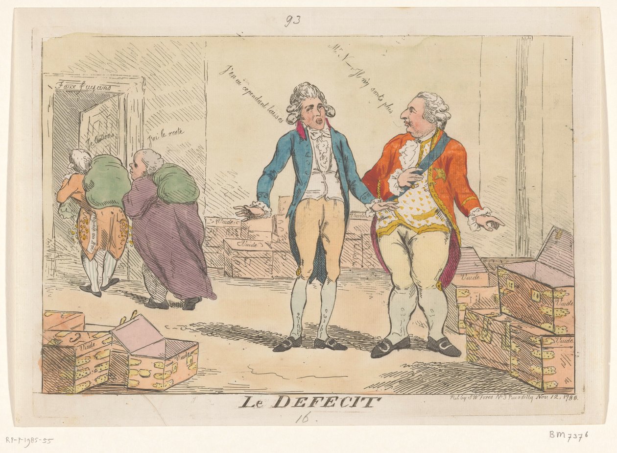 Karykatura francuskiego kryzysu finansowego, 1788 Le Defecit (tytuł na przedmiocie) autorstwa Isaac Cruikshank