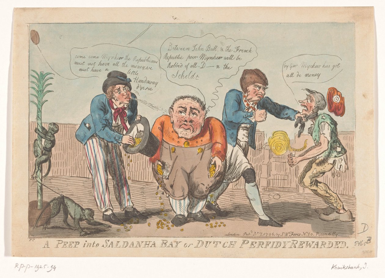 Karykatura przedstawiająca kapitulację floty Batawów w zatoce Saldanha, 1796 Zajrzenie do Saldanha Bay lub Holenderska Perfidia Nagrodzona (tytuł na obiekcie) autorstwa Isaac Cruikshank