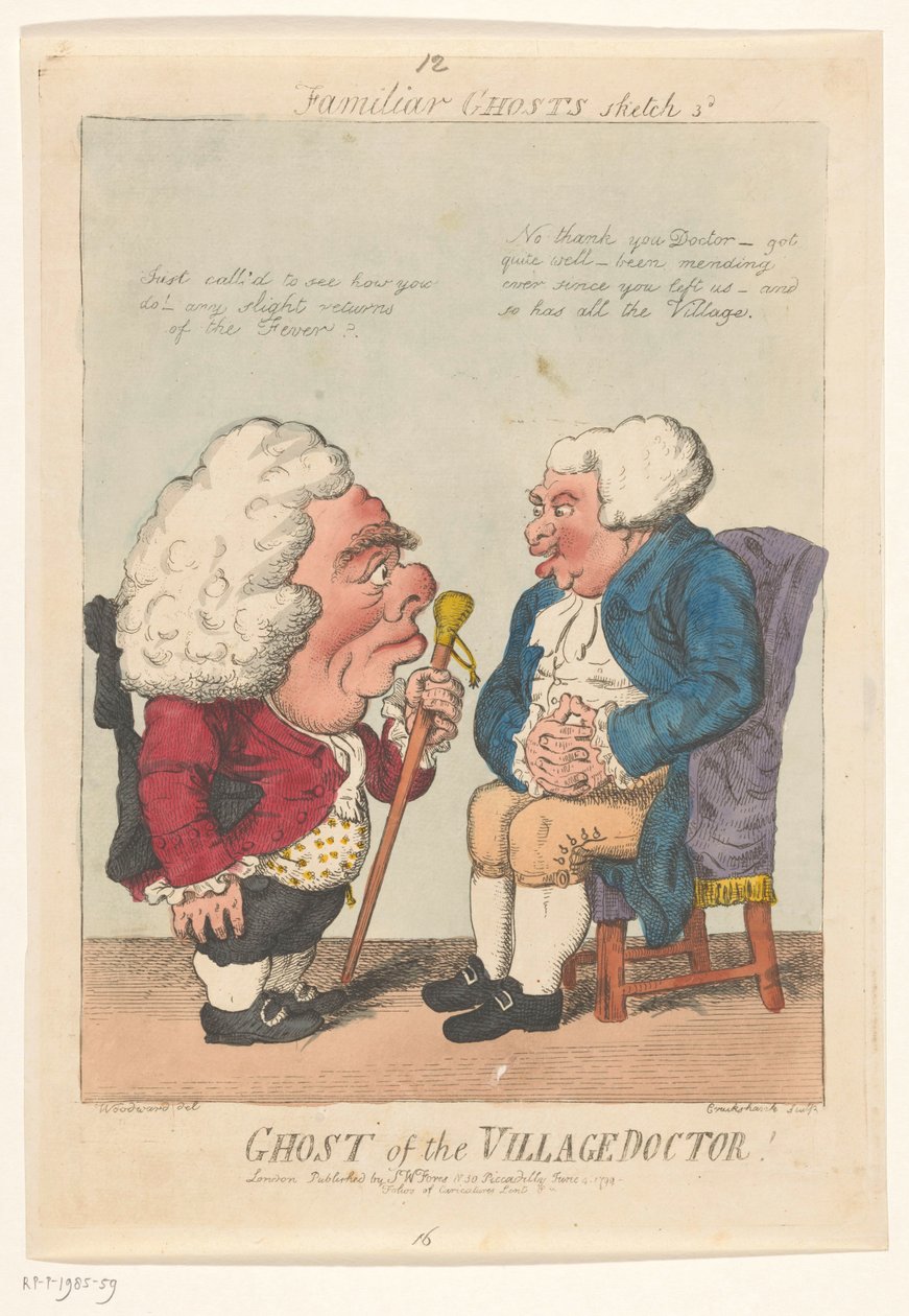 Spotprent op de dorpsarts, 1799 Duch Wioski Doktora! (tytuł na obiekcie) Znajome duchy (tytuł serii na obiekcie) autorstwa Isaac Cruikshank