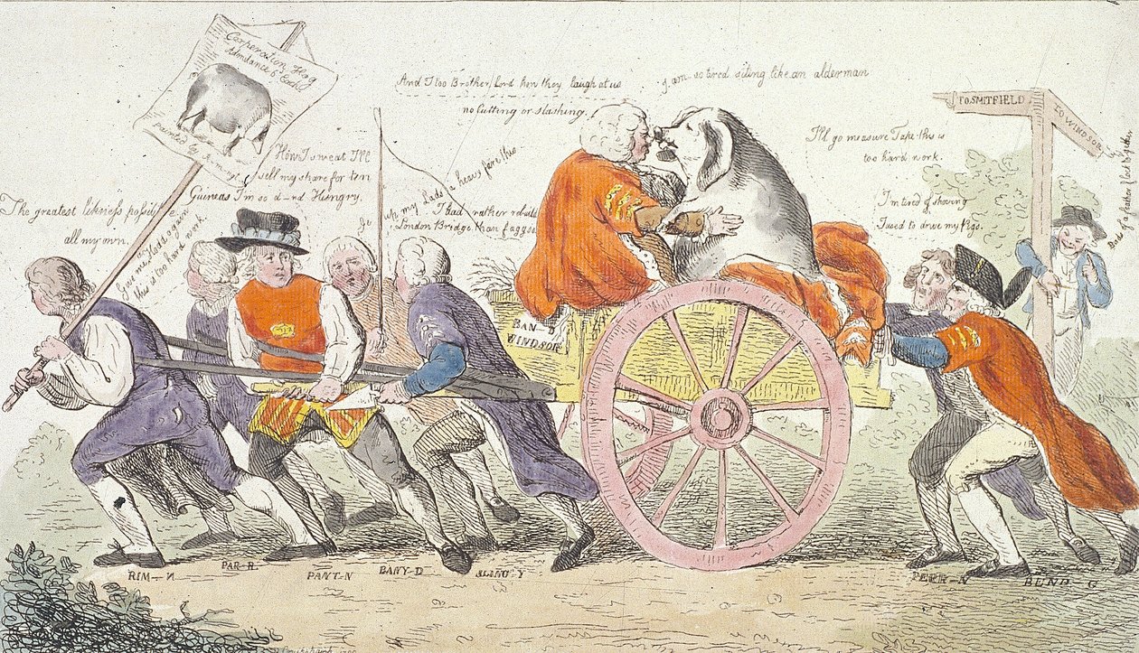 „Podróż wieprza korporacji do Smithfield w stile lub radnych przemienionych w ludzi z pokazów świń, 1790 autorstwa Isaac Cruikshank