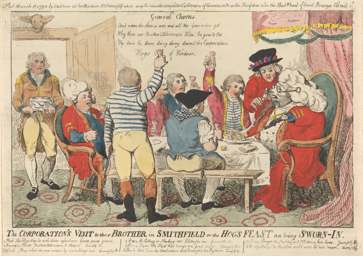 Der Besuch der Corporation bei ihrem Bruder in Smithfield oder das Schweinefest bei der Vereidigung autorstwa Isaac Cruikshank