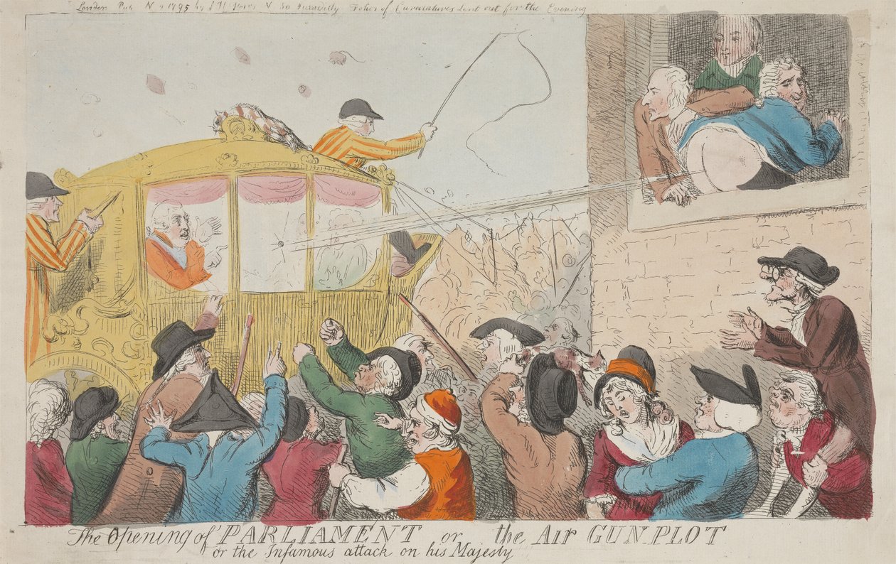 Die Eröffnung des Parlaments oder das Luftgewehr-Komplott oder der berüchtigte Angriff auf Seine Majestät autorstwa Isaac Cruikshank
