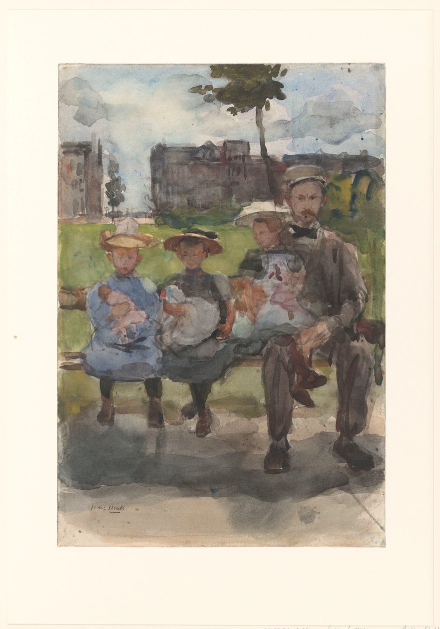 Mężczyzna z trzema dziewczynami na ławce w Oosterpark w Amsterdamie autorstwa Isaac Israels