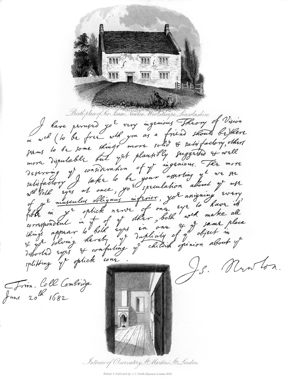 List od Isaaca Newtona i widok jego miejsca urodzenia w Woolsthorpe, Lincolnshire, 1682, 1840. autorstwa Isaac Newton