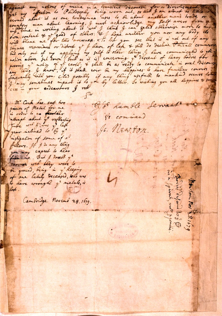 List napisany przez Isaaca Newtona, 28 listopada 1679 autorstwa Isaac Newton
