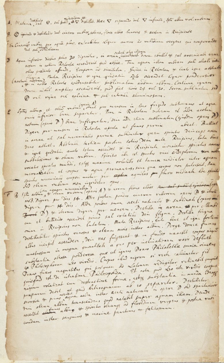 Zapis eksperymentu w sześciu etapach, począwszy od destylacji, po której następuje spalanie, dalsza destylacja, wywar, kalcynacja i sublimacja, ok. 1700 r. autorstwa Isaac Newton
