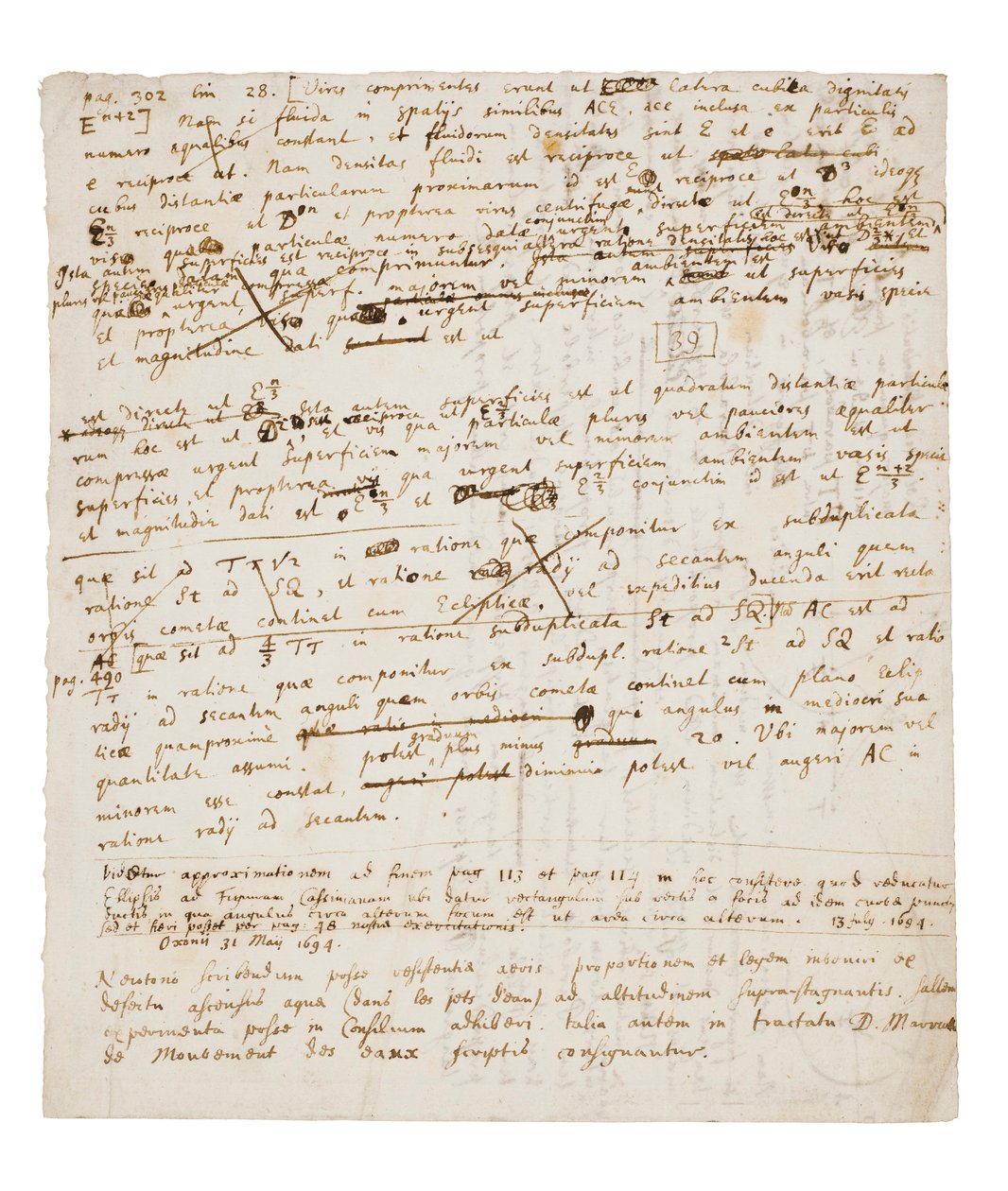 Dwie strony poprawek do Principia Mathematica autorstwa Isaac Newton