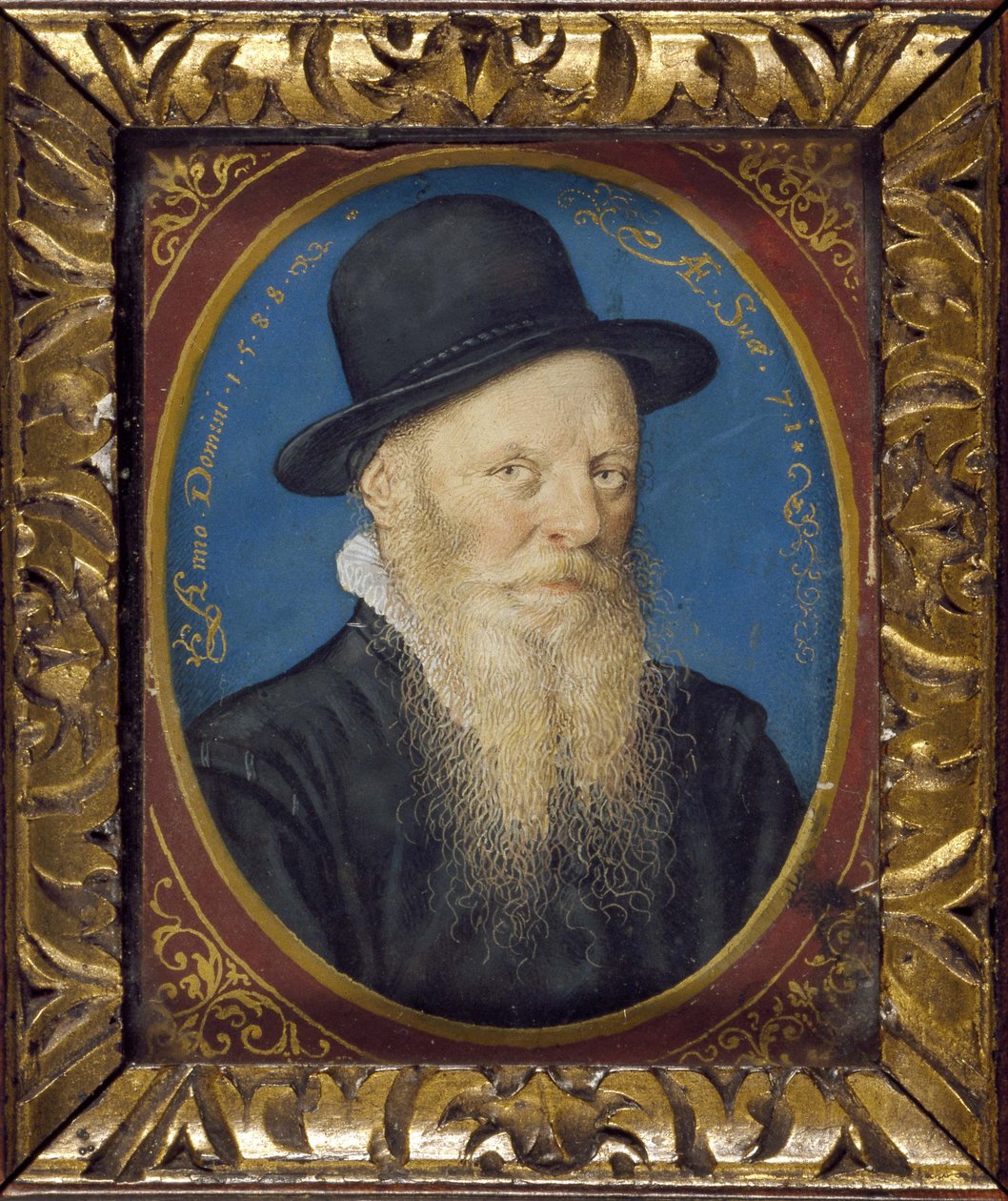 Starszy mężczyzna w czarnym kapeluszu, 1588 (olej na karcie) autorstwa Isaac Oliver