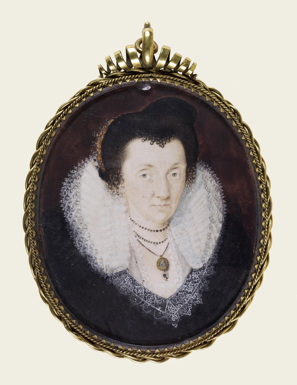 Lady Anne Bacon, ok. 1600 (nieprzezroczysta akwarela i złocenia na welinie) autorstwa Isaac Oliver