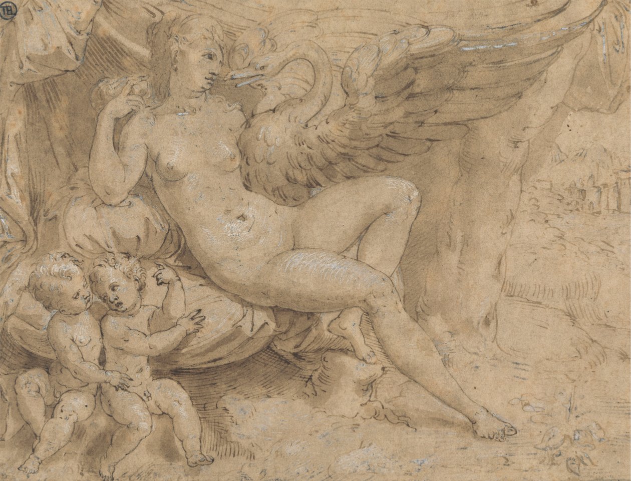 Leda i łabędź autorstwa Isaac Oliver