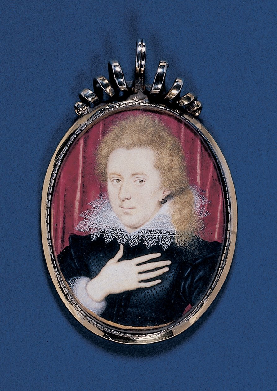 Miniatura portretowa młodego dżentelmena, ok. 1615 (akwarela na welinie ułożona na kartonie z ramą złoconą srebrem) autorstwa Isaac Oliver