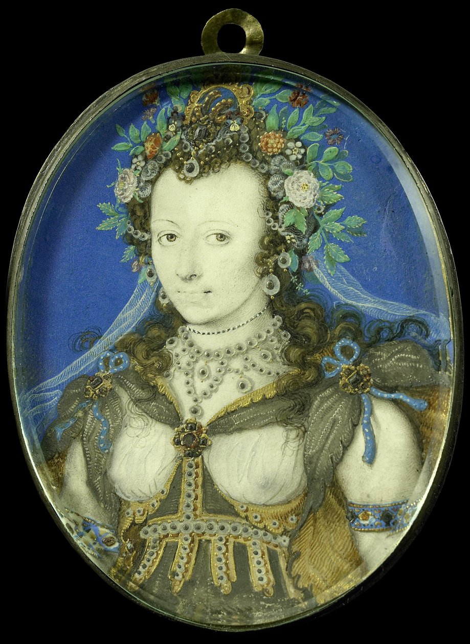 Portret kobiety jako Flora, ok. 1600-17 (pergamin, srebro i szkło) autorstwa Isaac Oliver