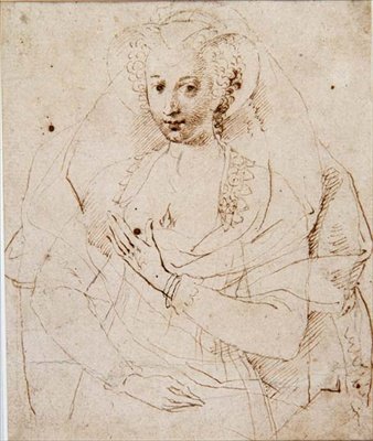 Portret nieznanej damy, formalnie zwanej Lucy Harrington, hrabina Bedford, szkic do miniatury (nr 3902) ok. 1605 (pióro i atrament, kreda na papierze) (patrz także 58811) autorstwa Isaac Oliver