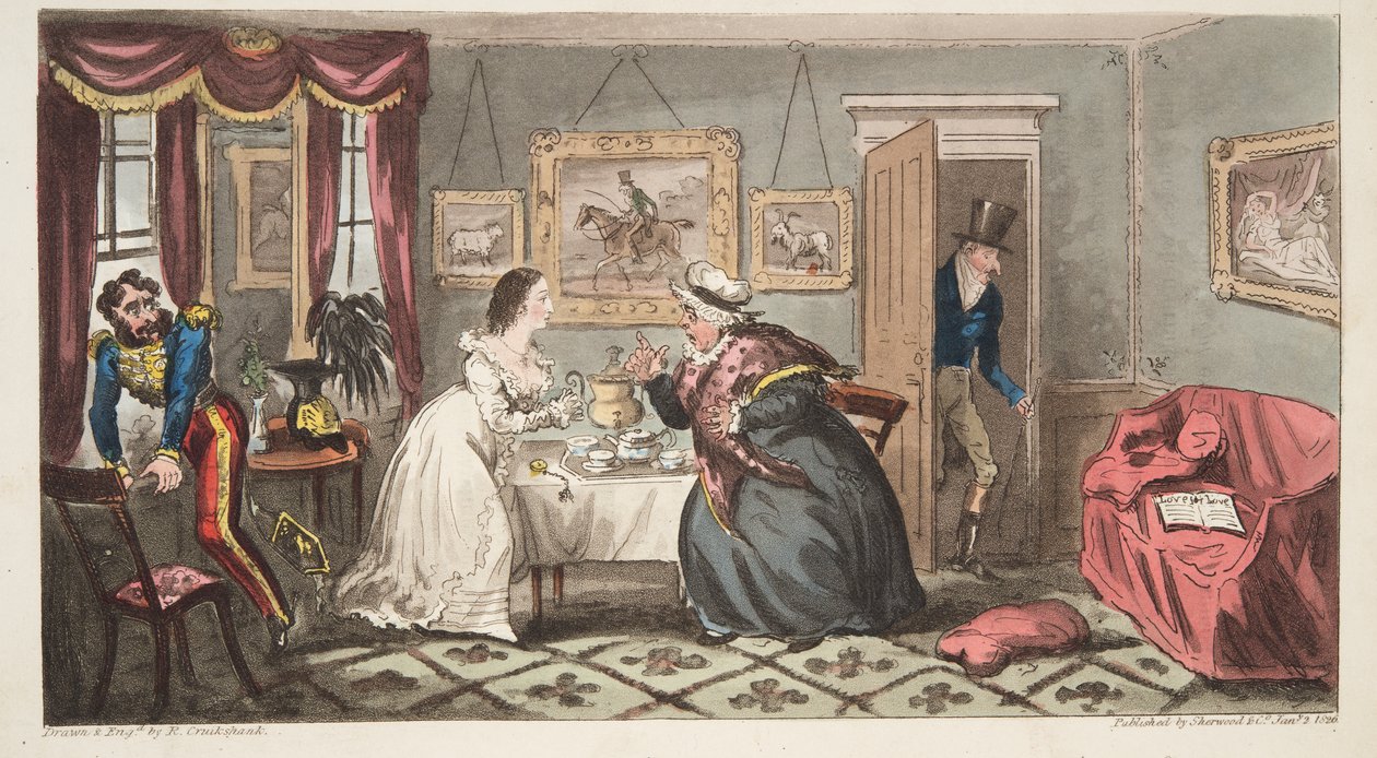 Bath Beau and Frail Belle lub Mr B. and Miss L., z The English Spy, wyd. 1824 (grawerowanie ręcznie kolorowane) autorstwa Isaac Robert Cruikshank