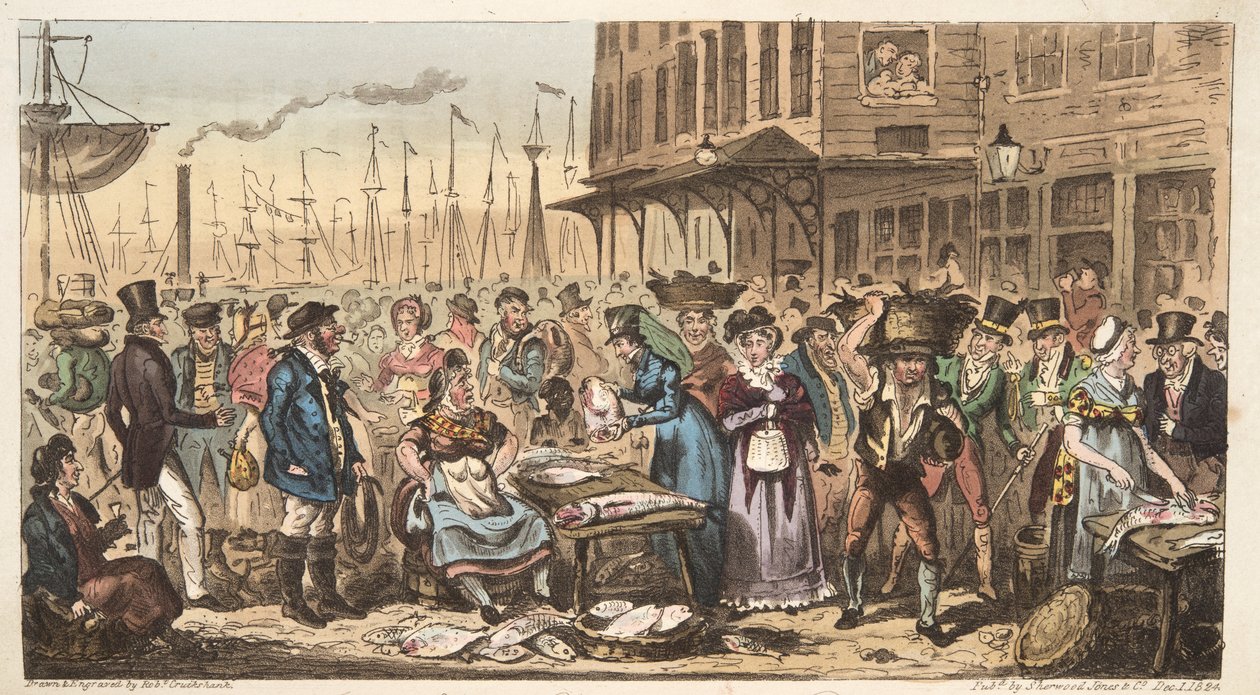 Frolic in High Life, czyli wizyta w Billingsgate, z The English Spy, wyd. 1824 (grawerowanie ręcznie kolorowane) autorstwa Isaac Robert Cruikshank