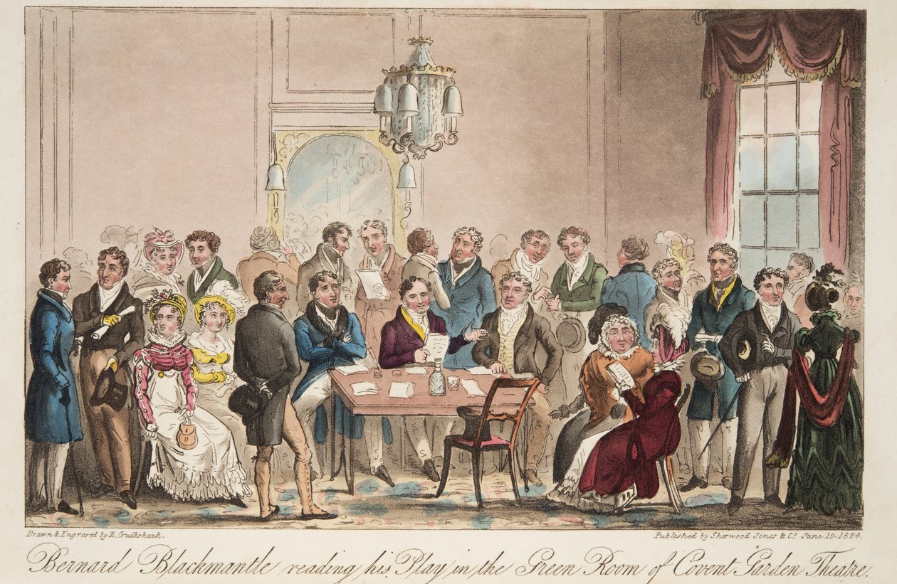 Bernard Blackmantle czytający swoją sztukę w Green Room of Covent Garden Theatre z The English Spy, wyd. 1824 (grawerowanie ręcznie kolorowane) autorstwa Isaac Robert Cruikshank