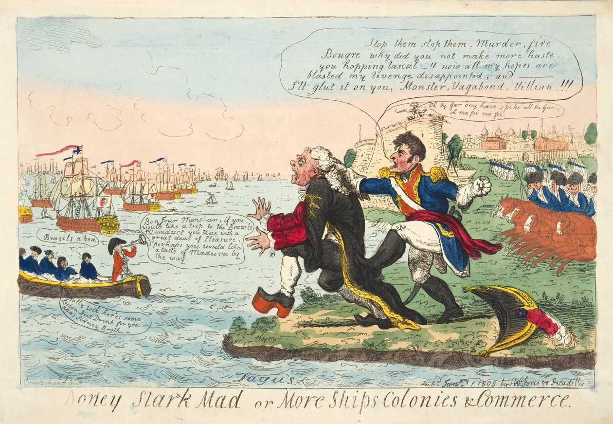 Boney Stark Mad or More Ships Colonies & Commerce, wyd. 1808 (grawerowanie ręcznie kolorowane) autorstwa Isaac Robert Cruikshank