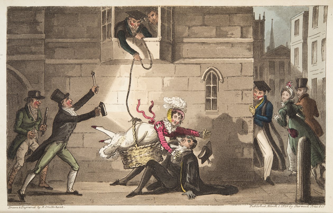 Capping a Proctor, czyli psy Oxford Bull wykrywające Brazen Smugglers, z The English Spy, opublikowane w Londynie, 1824 (ręcznie kolorowane grawerunki) autorstwa Isaac Robert Cruikshank