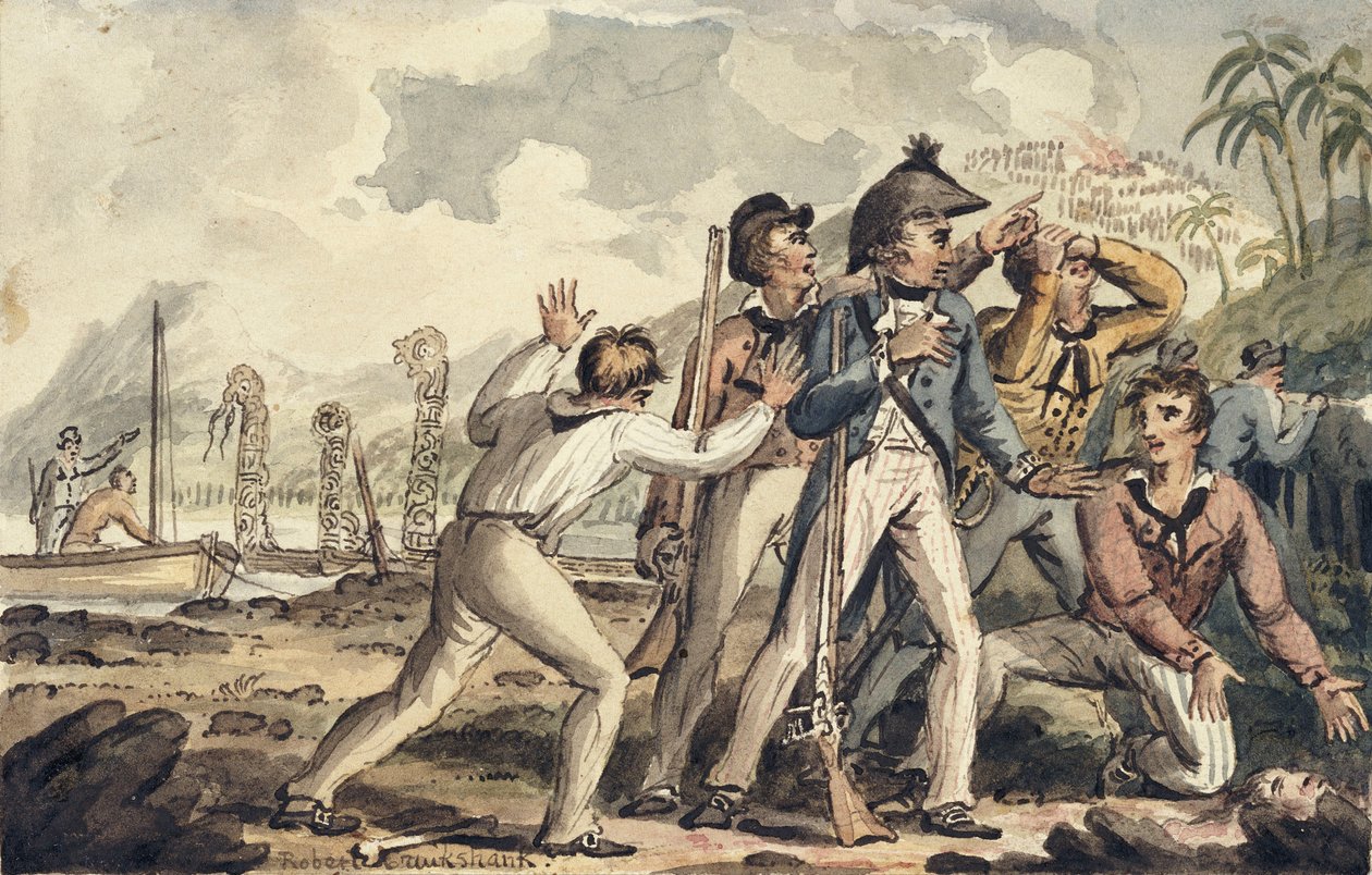Kapitan Burney odkrywa swoich zamordowanych członków statku, ilustracja z filmu „Podróże kapitana Cooka” autorstwa Isaac Robert Cruikshank