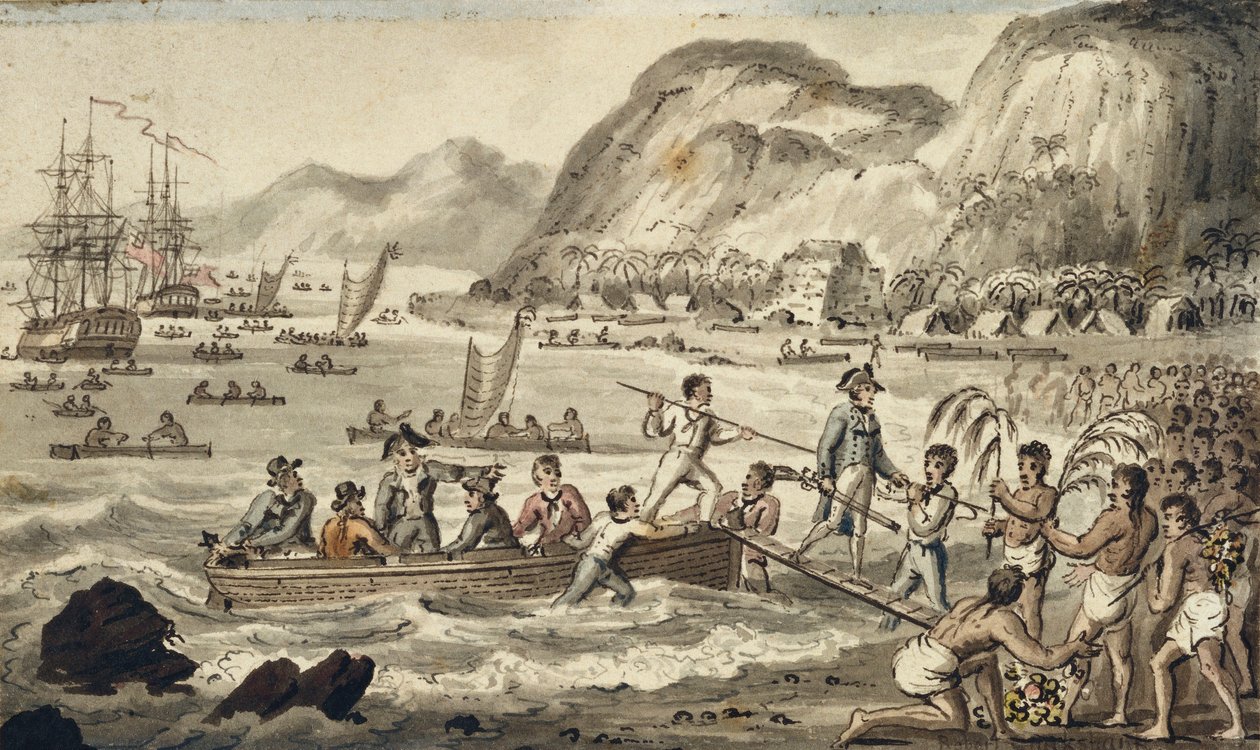 Kapitan Cook ląduje w Owyhee, ilustracja z filmu „Podróże kapitana Cooka” autorstwa Isaac Robert Cruikshank