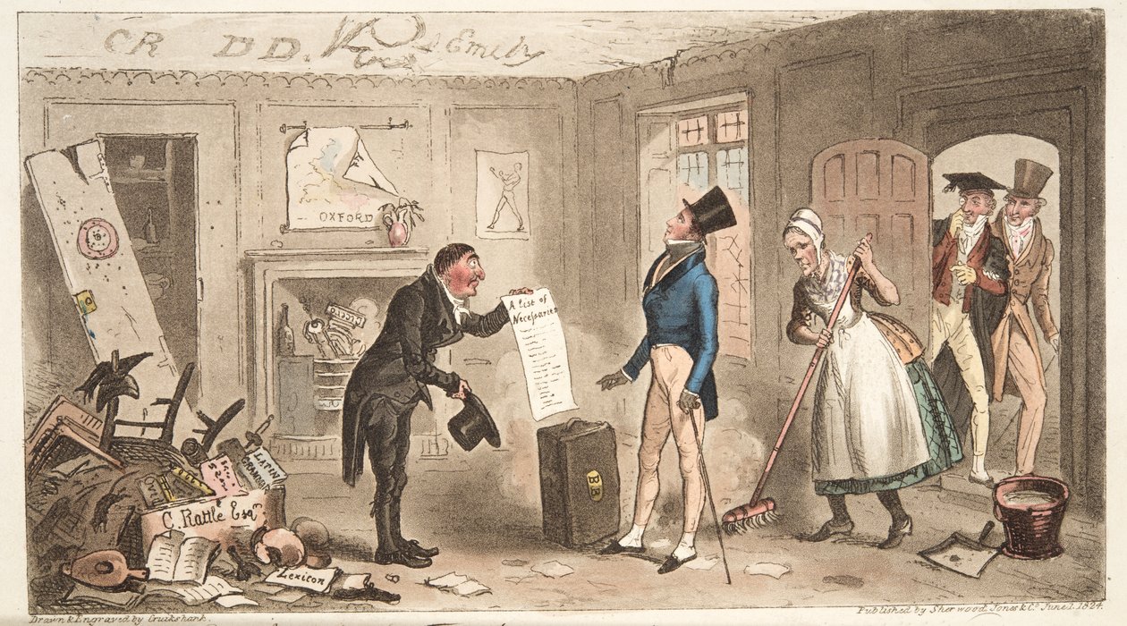College Comforts, Freshman przejmujący swoje pokoje, z The English Spy, wyd. 1824 (grawerowanie ręcznie kolorowane) autorstwa Isaac Robert Cruikshank
