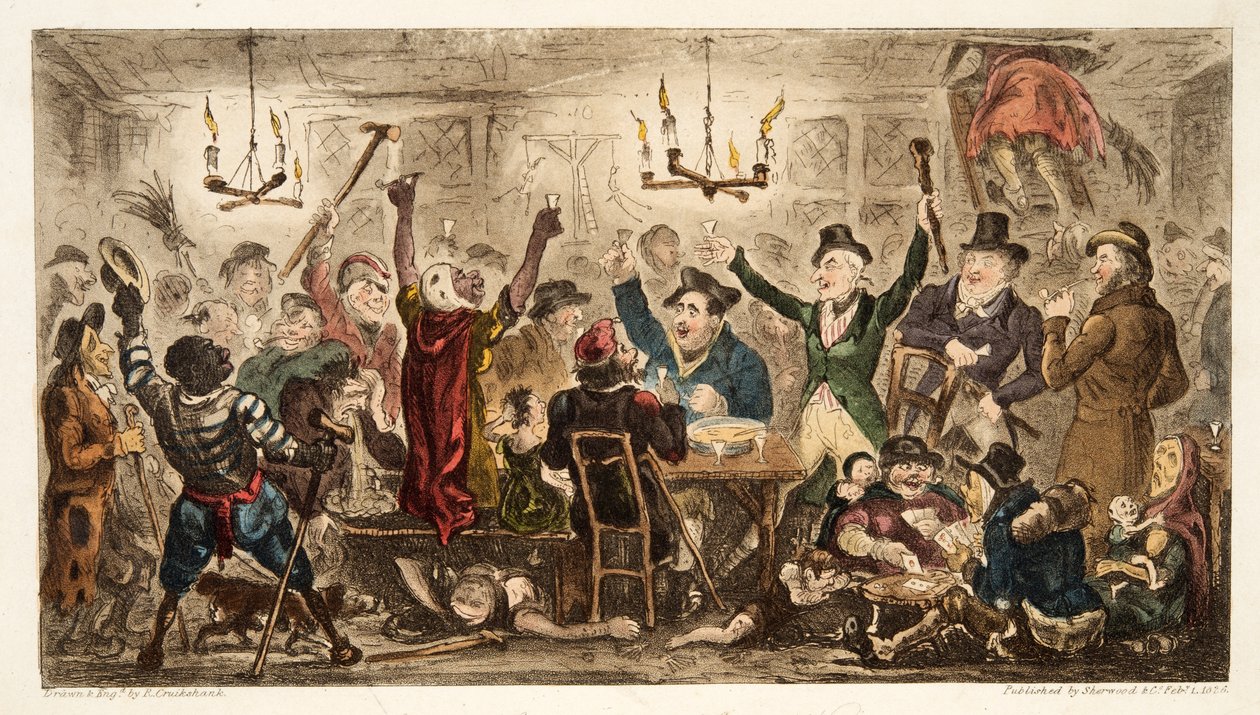 Courtiers Carousing in Cadgers Ken, z The English Spy, wyd. 1824 (grawerowanie ręcznie kolorowane) autorstwa Isaac Robert Cruikshank