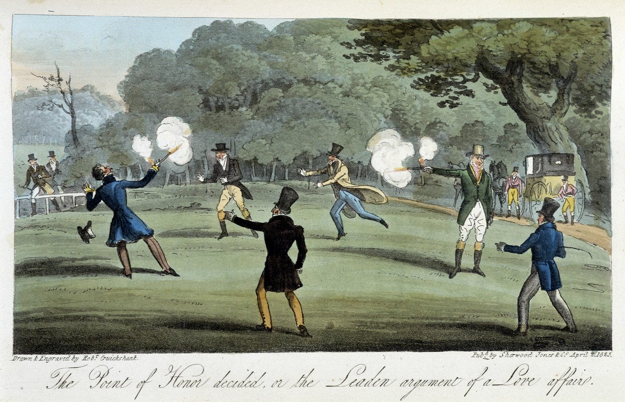 Pojedynek z pistoletem o serce - w „Szpiegu angielskim” Charlesa Molloya Westmacotta, il. autor: Robert Cruikshank, Londyn autorstwa Isaac Robert Cruikshank