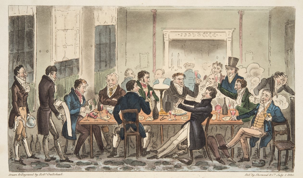 Wieczór i w High Spirits, scena w Longs Hotel, Bond Street, z pubu The English Spy. 1824 (grawerowanie ręcznie kolorowane) autorstwa Isaac Robert Cruikshank