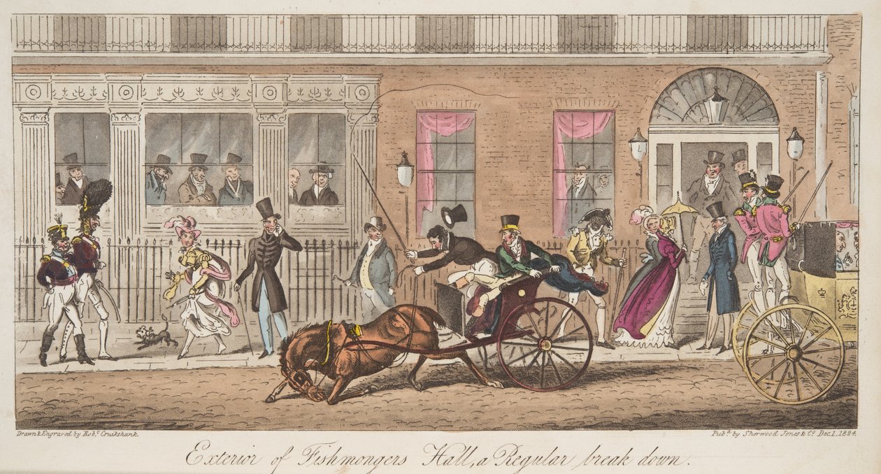Na zewnątrz Fishmongers Hall, St James Street, z widokiem na regularną awarię, z pubu The English Spy. 1824 (grawerowanie ręcznie kolorowane) autorstwa Isaac Robert Cruikshank