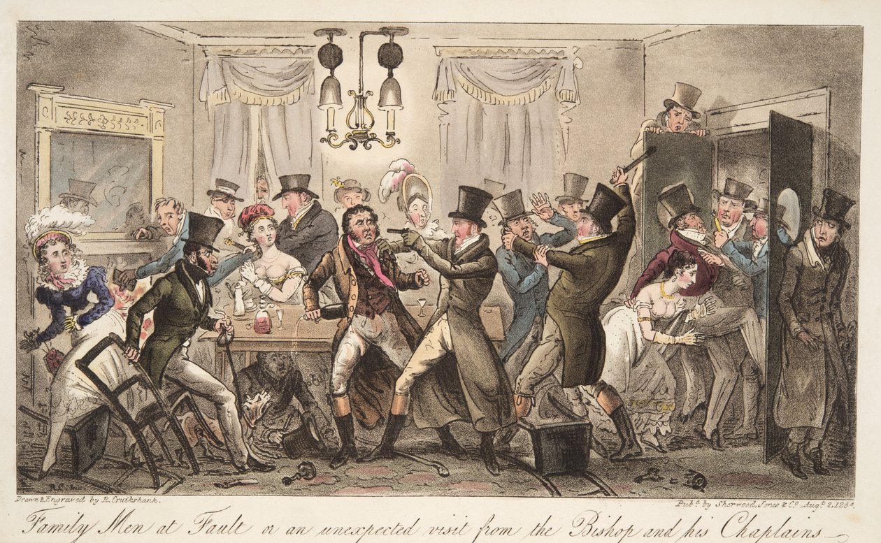 Family Men at Fault, czyli niespodziewana wizyta biskupa i jego kapelanów, z The English Spy, wyd. 1824 (grawerowanie ręcznie kolorowane) autorstwa Isaac Robert Cruikshank