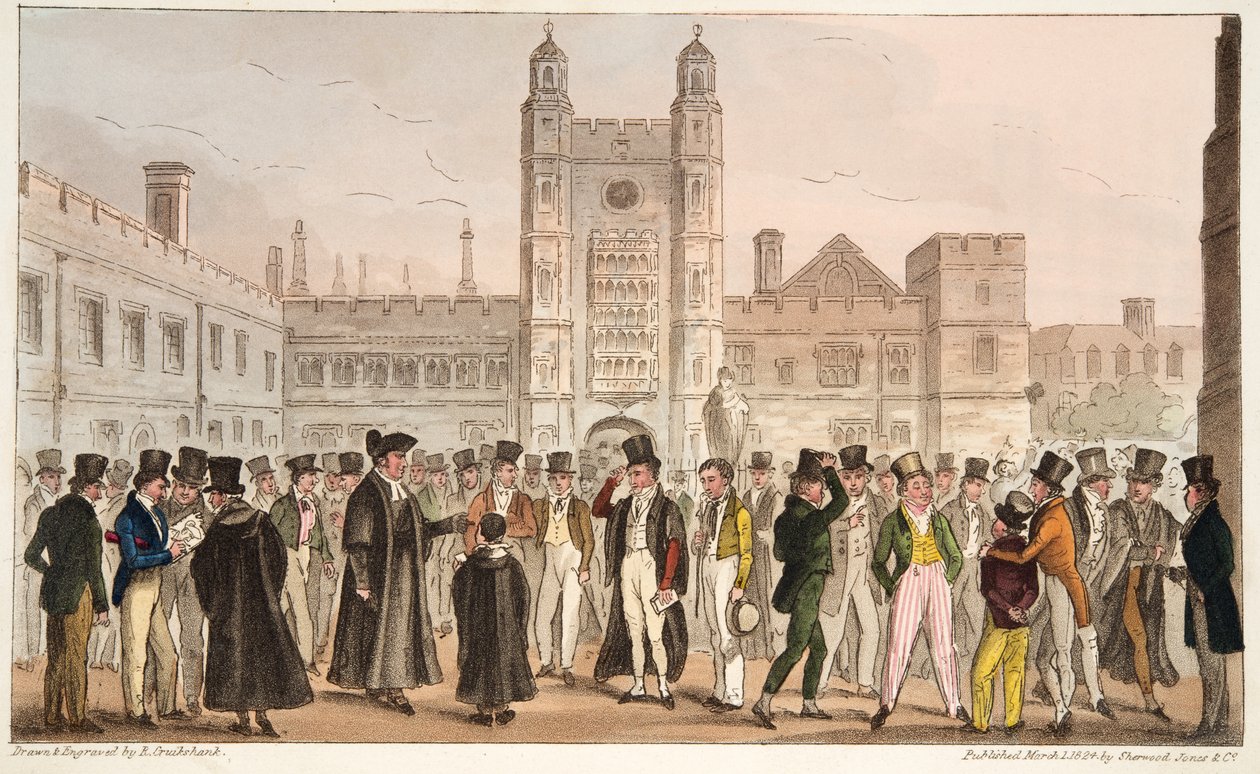 Pierwsza nieobecność, czyli Etonians Answering Morning Master Roll, z The English Spy opublikowanej w 1824 r. (ręcznie kolorowane grawerowanie) autorstwa Isaac Robert Cruikshank