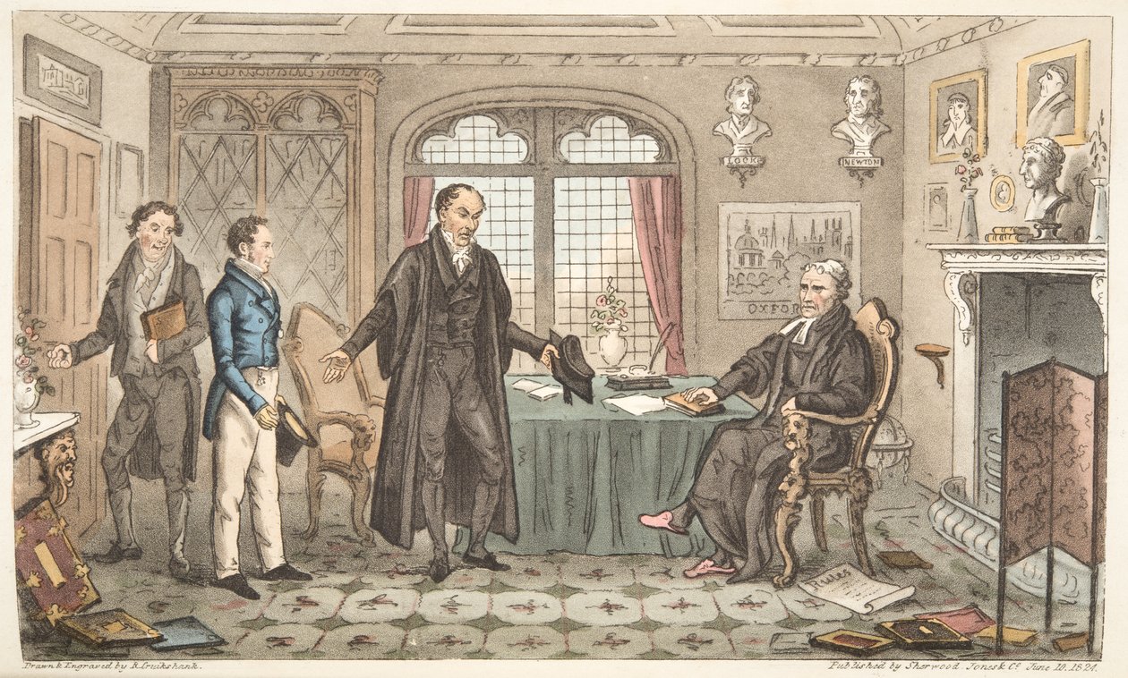 First Bow to Alma Mater, czyli wprowadzenie Bernarda Blackmantlesa do Big Wig, z The English Spy, opublikowanego w Londynie, 1824 (ręcznie kolorowane grawerowanie) autorstwa Isaac Robert Cruikshank