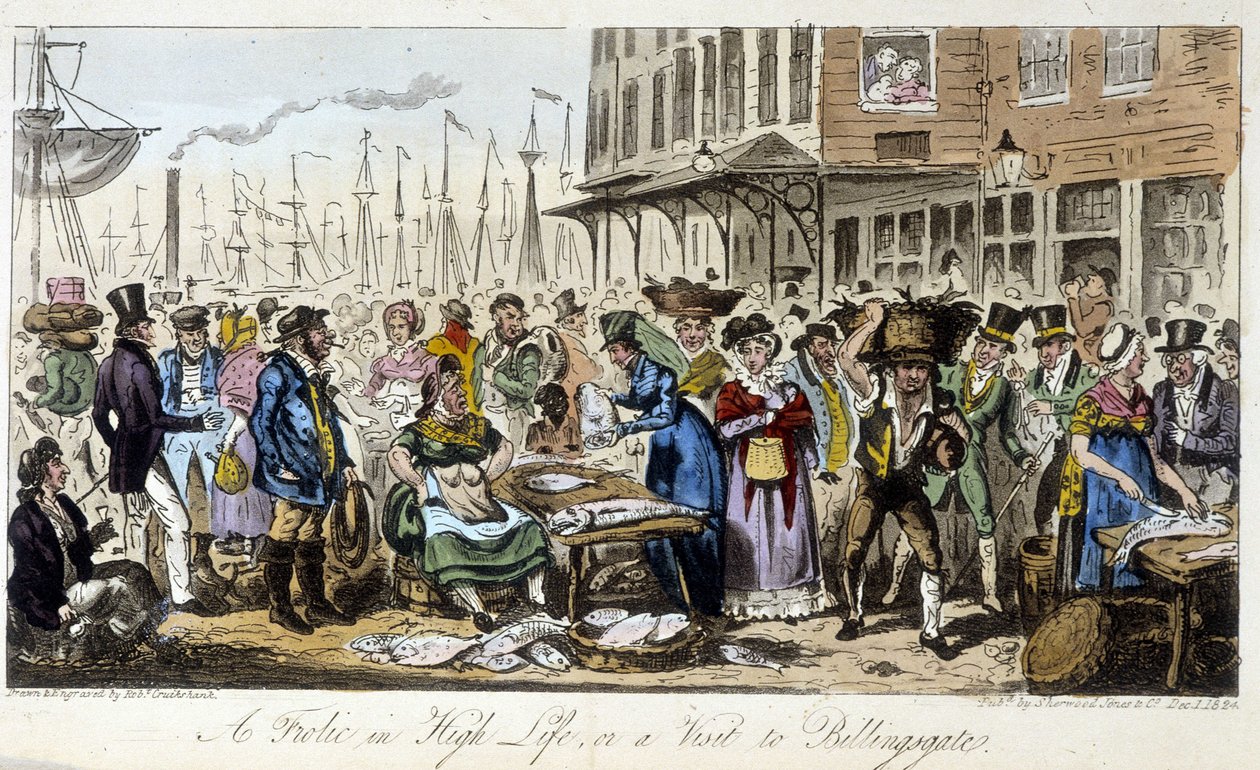 Targ rybny w Londynie - w „The English Spy” Charlesa Molloya Westmacotta, rysunek Roberta Cruikshanka, wydanie londyńskie autorstwa Isaac Robert Cruikshank