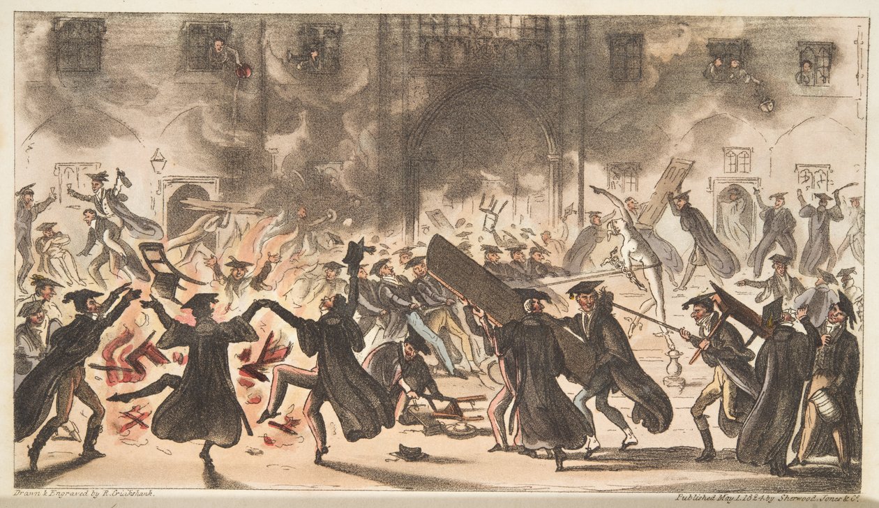 Podłoga Merkurego, czyli Burning of the Oaks, z The English Spy, wyd. 1824 (grawerowanie ręcznie kolorowane) autorstwa Isaac Robert Cruikshank